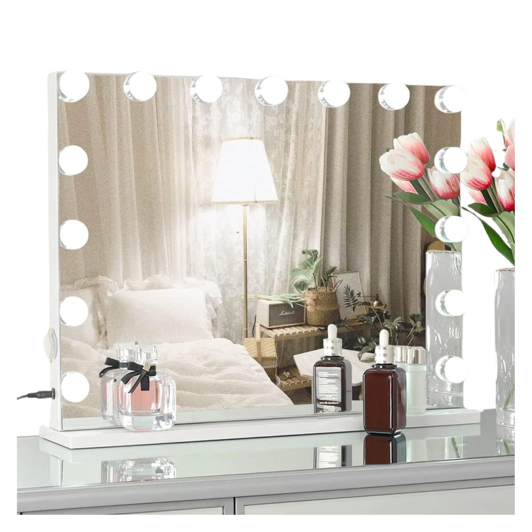 Large Vanity Makeup Mirror with 15 Dimmable LEDs, 3 Color Modes, Touch Control, 10X Magnification