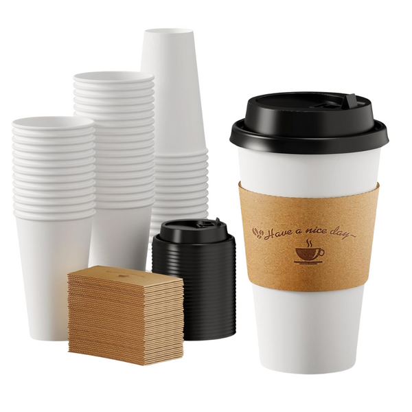 100 Pack 16 Oz Coffee Cups with Lids & Sleeves