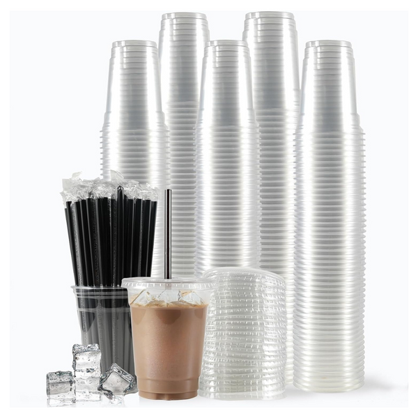 100-Ct 12oz Plastic Cups With Lids & Straws