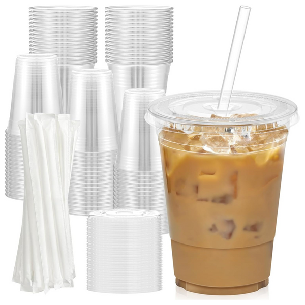 100 Ct 16 Oz Plastic Cups With Lids & Straws