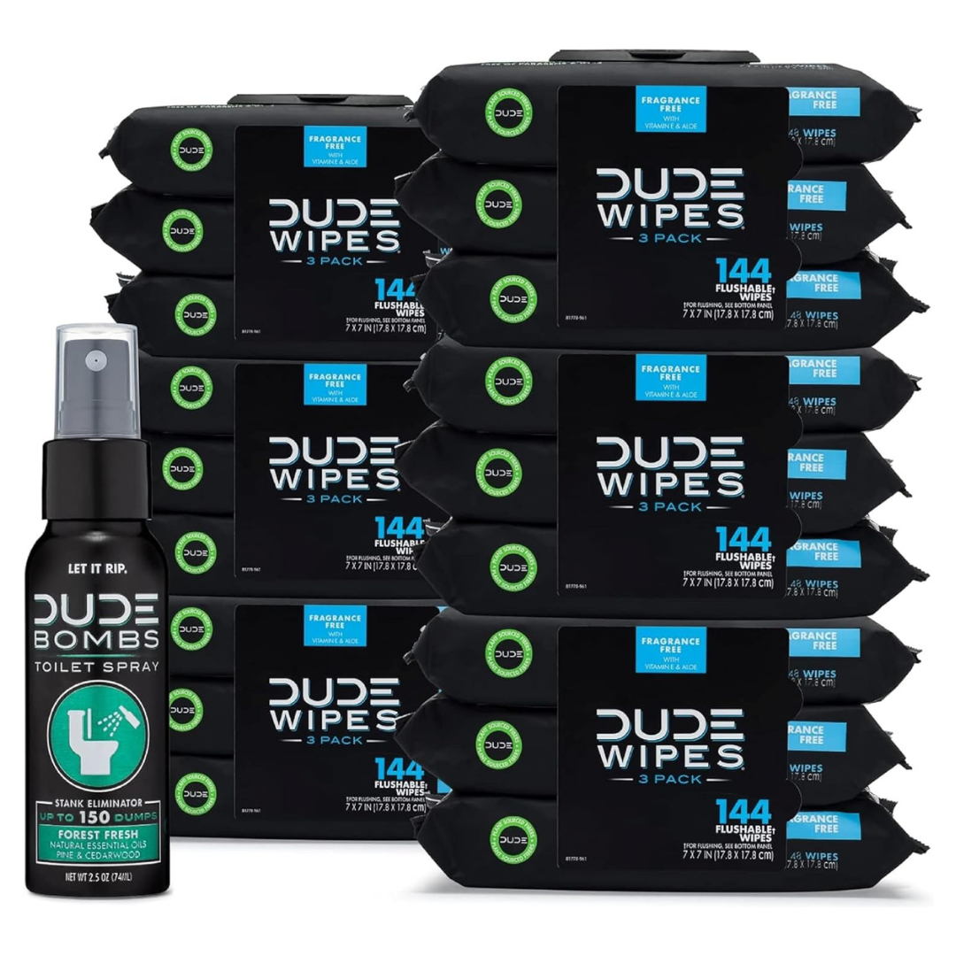 Dude Wipes 18-Pack Bundle With Dude Bombs Toilet Spray
