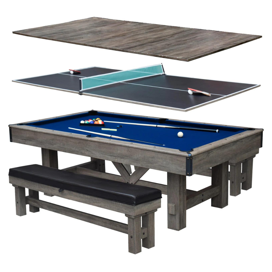 Hathaway Logan 7-ft Multi-Functional Dining, Pool, & Table Tennis Set with Storage Benches