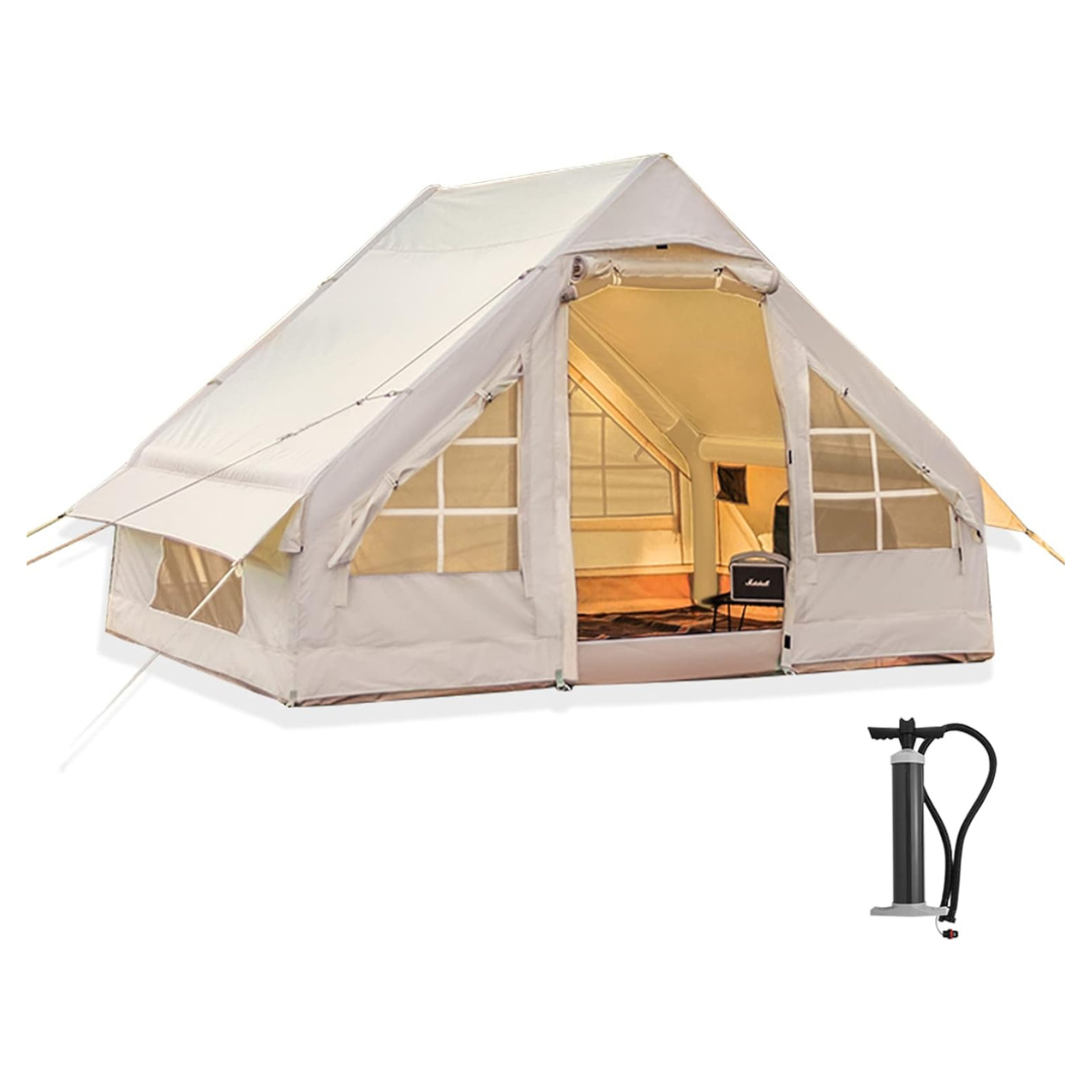 Inflatable 4-Season Glamping Tent: Easy Setup, Waterproof, Windproof, with Pump, Mesh Windows & Doors