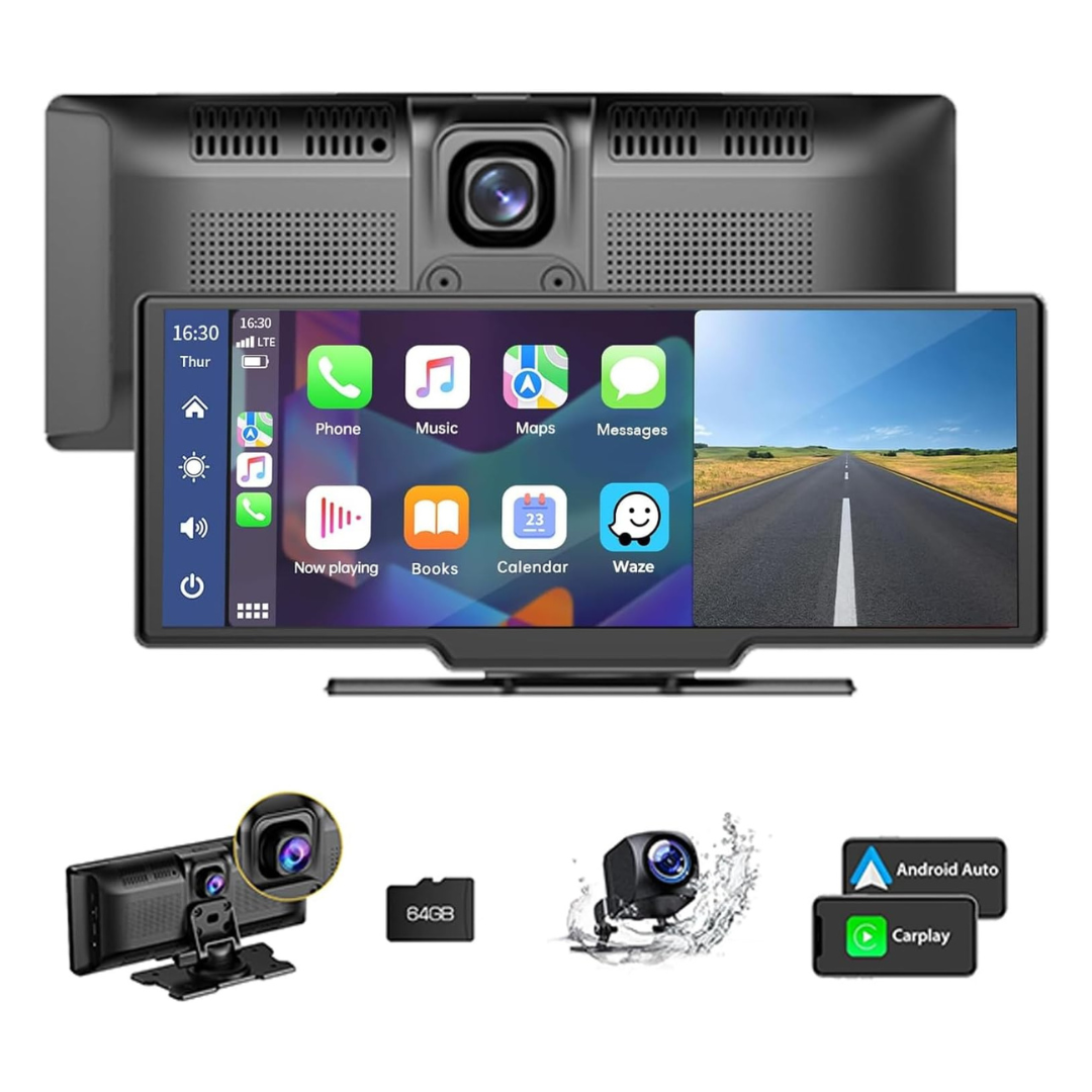 Wireless Carplay/Android Auto Portable 10.26" Display With 2K Dash Cam &amp; Backup Cam