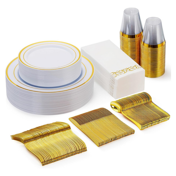 175 Piece Gold and White Disposable Dinnerware Set