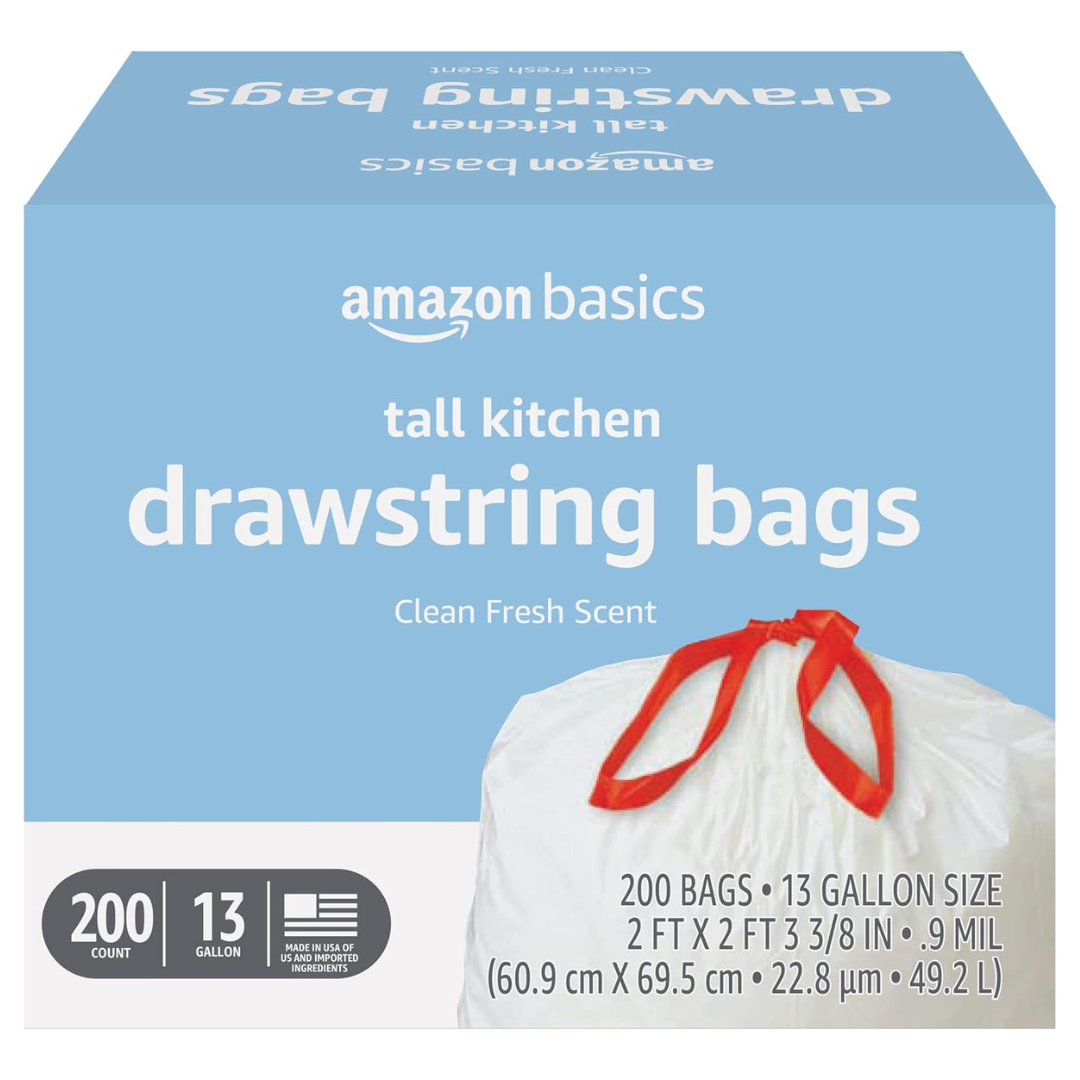 200 Amazon Basics 13 Gallon Tall Kitchen Drawstring Trash Bags