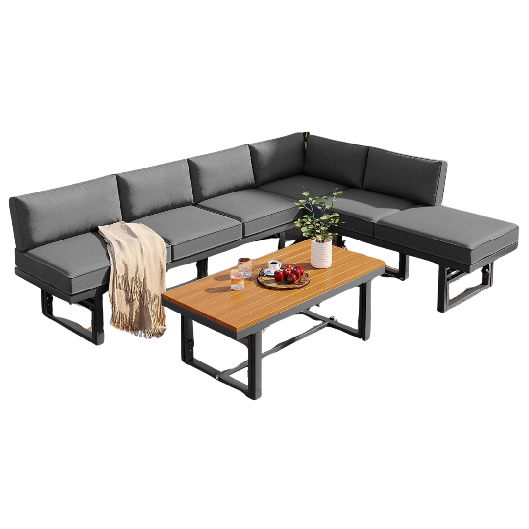 Outdoor Sectional Sofa Set with Height-Adjustable Seating and Coffee Table