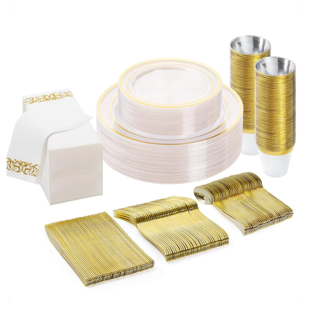 175-Piece Clear Gold Disposable Dinnerware Set
