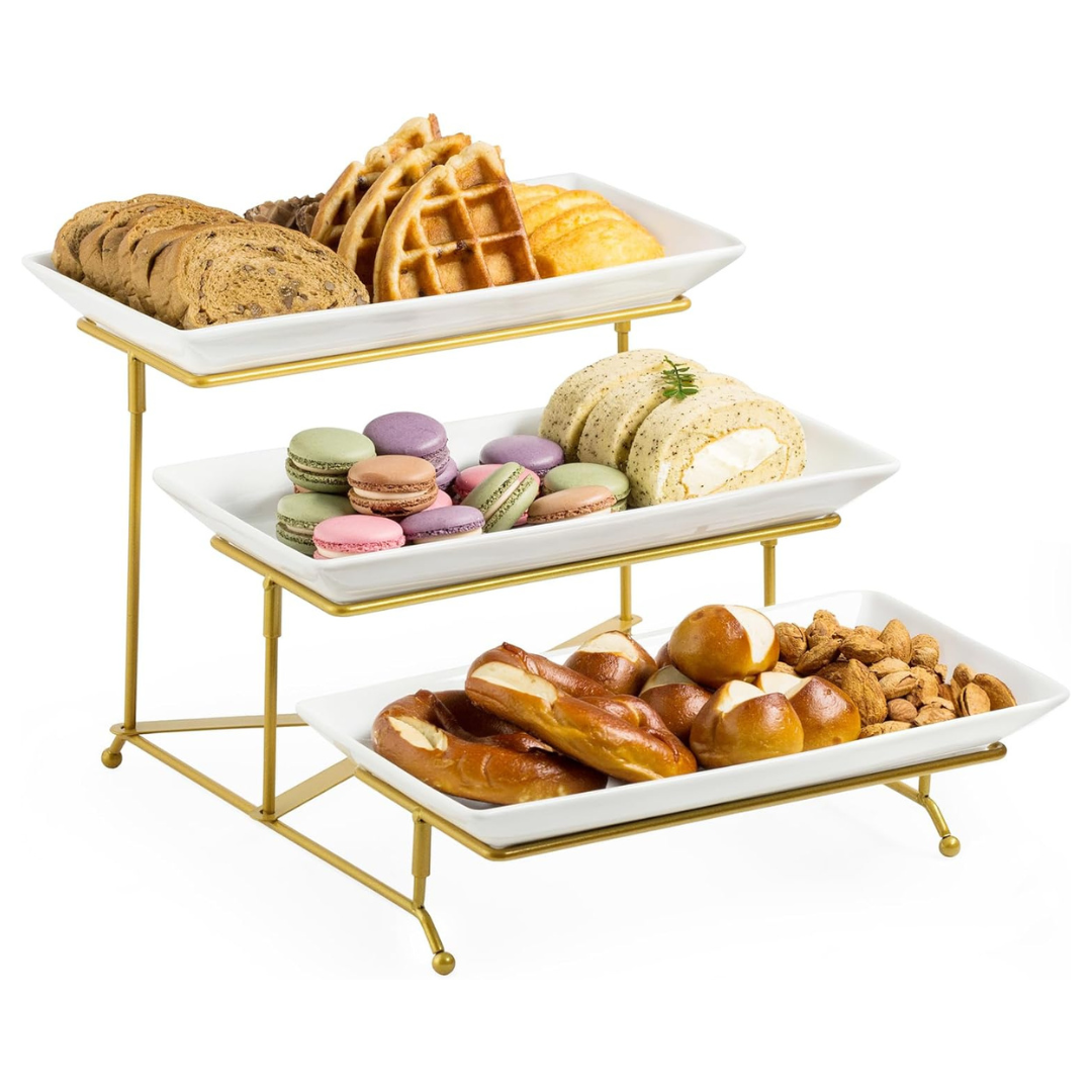 3-Tier Porcelain Serving Platter with Collapsible Rack