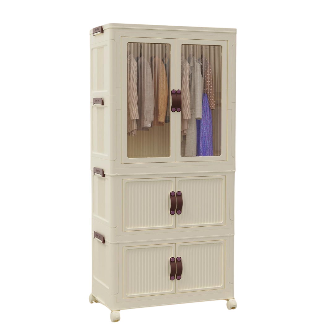 Portable Collapsible Wardrobe with Doors, Wheels, and Hanging Rod