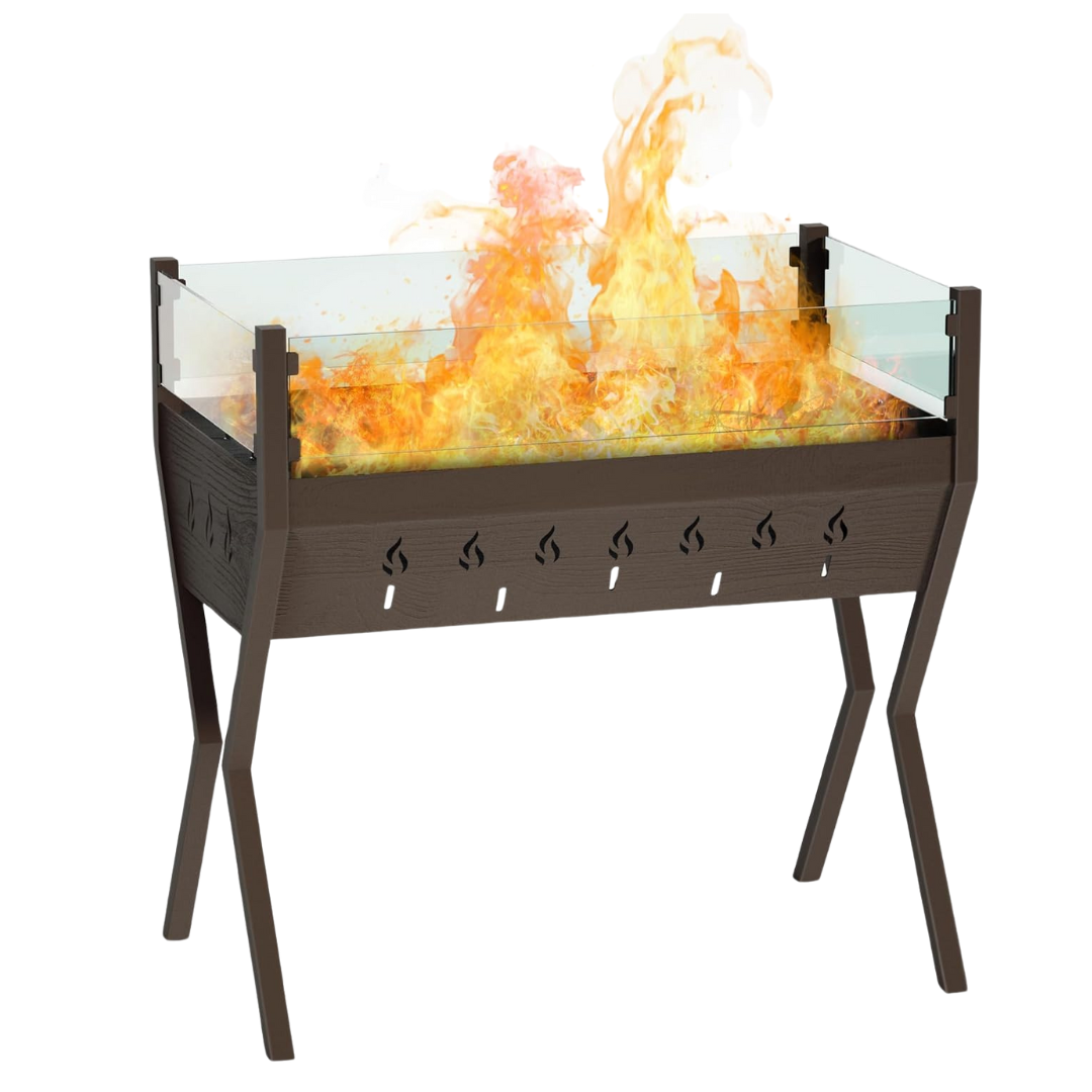 Outdoor Wood Burning Fire Pit Table with Glass Wind Guard