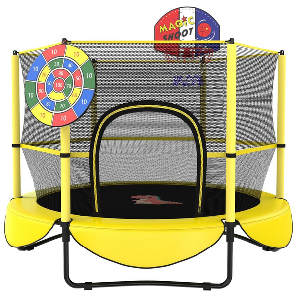 Kids Trampoline with Safety Net, Basketball Hoop, and Dart Board