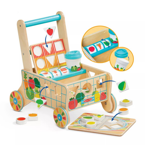 Melissa & Doug Wooden Shape Sorting Grocery Cart Push Toy & Puzzles