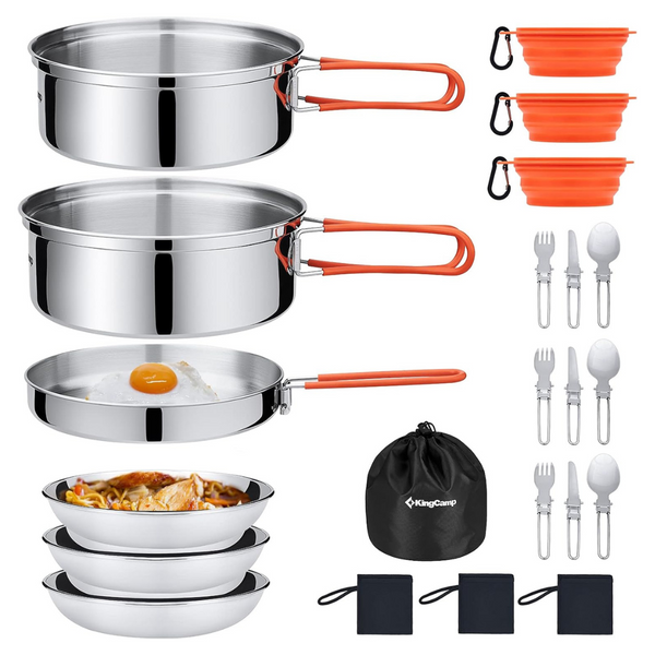 25 PCS Stainless Steel Camping Cookware Mess Kit with Pot, Pan, Bowls, Plates & Cutlery