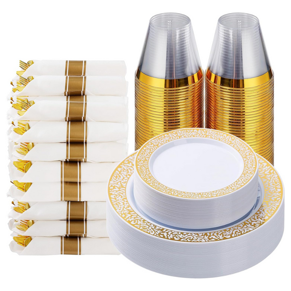 175 Piece Gold and White Disposable Dinnerware Set