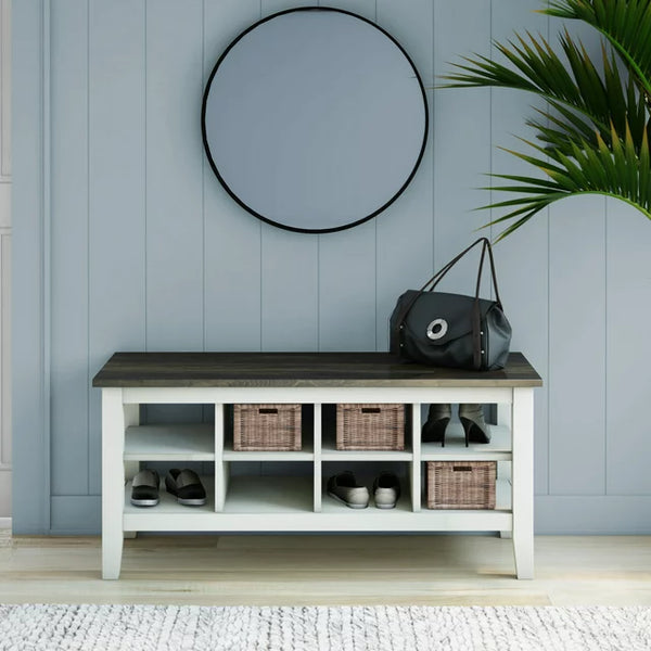 Two-Tone Storage Bench with Planked Top in Old Wood White