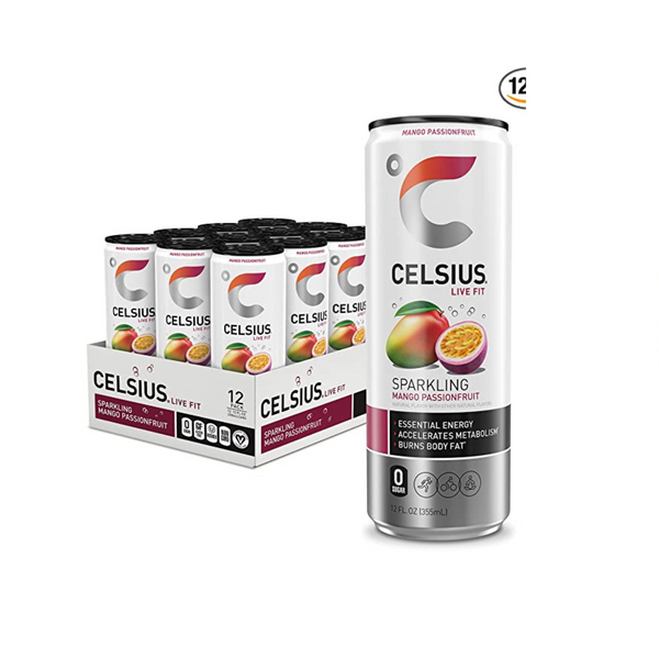 12 Cans Of CELSIUS Sparkling Mango Passionfruit, Grape Rush, Or Lemon Lime Energy Drinks