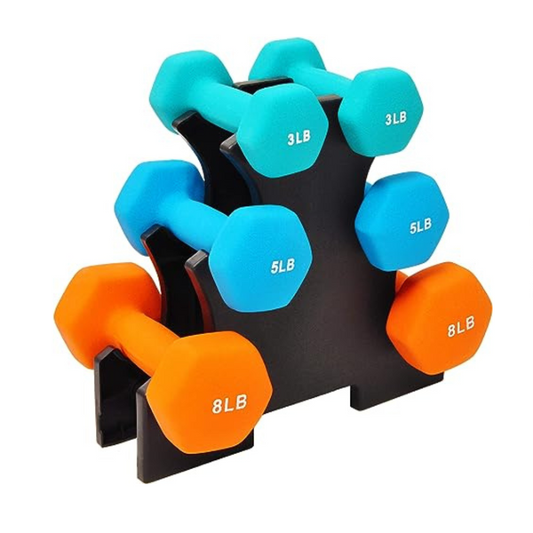 BalanceFrom Juego de mancuernas de colores de 32 libras con soporte, pares de 3LB, 5LB, 8LB