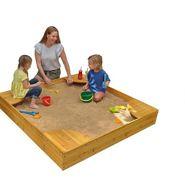 KidKraft Wooden Backyard Sandbox with Built-in Corner Seating and Mesh Cover