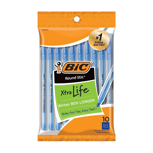 10 Pack Of BIC Round Stic Xtra Life Blue Ballpoint Pens, Medium Point (1.0mm)