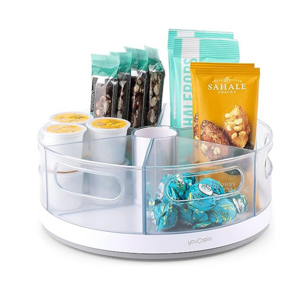 YouCopia Crazy Susan Lazy Susan Organizador, 6 contenedores transparentes extraíbles sin BPA con asas