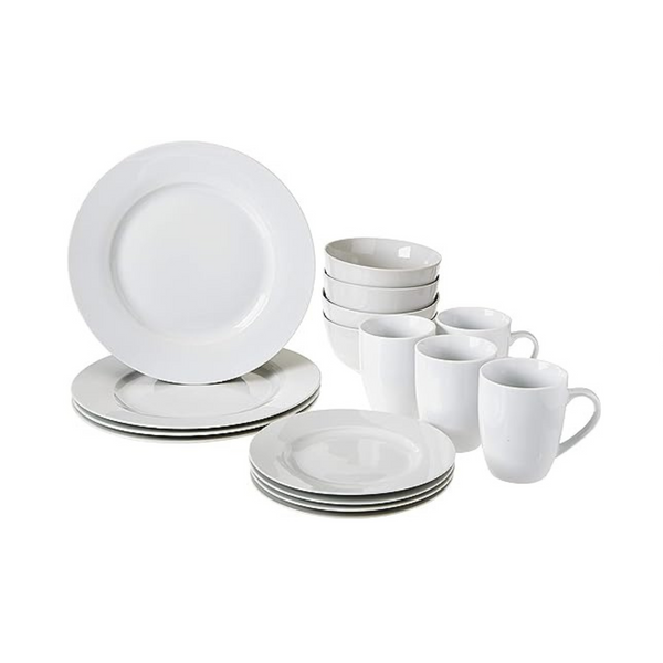 Amazon Basics 16-Piece Porcelain Kitchen Dinnerware Set with Plates, Bowls and Mugs (Service for 4)