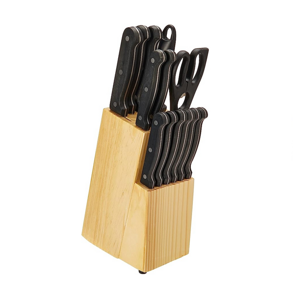 Amazon Basics 14-Piece Kitchen Knife Set with High-Carbon Stainless-Steel Blades and Pine Wood Block