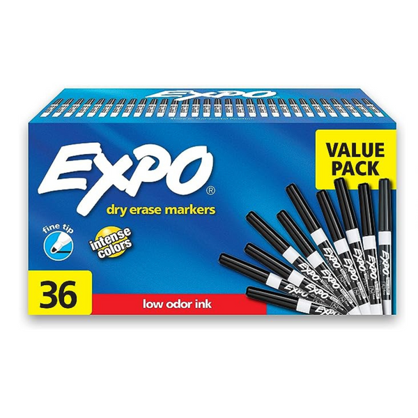 EXPO Low Odor Dry Erase Markers, Fine Tip, Black (36 Count)