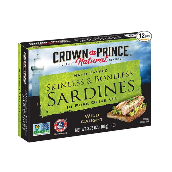 12 Cans Of Crown Prince Natural Skinless & Boneless Sardines In Pure Olive Oil