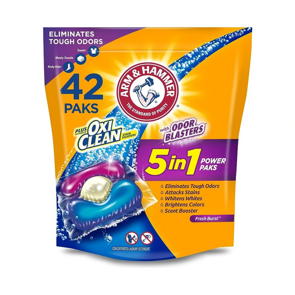 Paquetes energéticos 5 en 1 de detergente para ropa Arm &amp; Hammer Plus OxiClean de 42 unidades