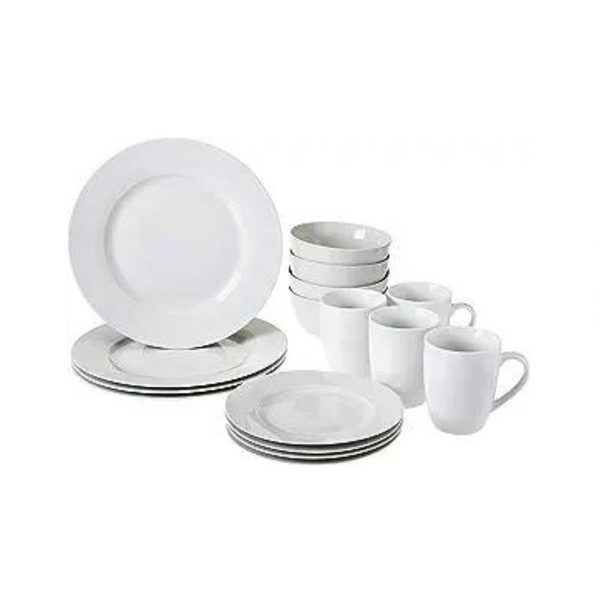 Amazon Basics Vajilla de cocina de porcelana de 16 piezas con platos, tazones y tazas (servicio para 4)