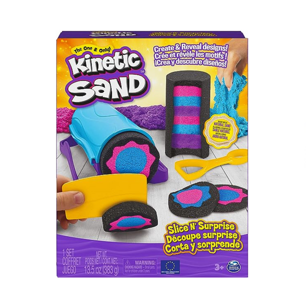 Kinetic Sand, Slice N' Surprise Set con 13.5 oz de arena de juego negra, rosa y azul y 7 herramientas