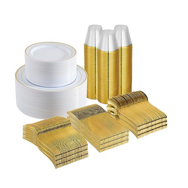 Focus Line 600 Pcs Gold Rimmed Plastic Disposable Dinnerware Set (Service for 100)