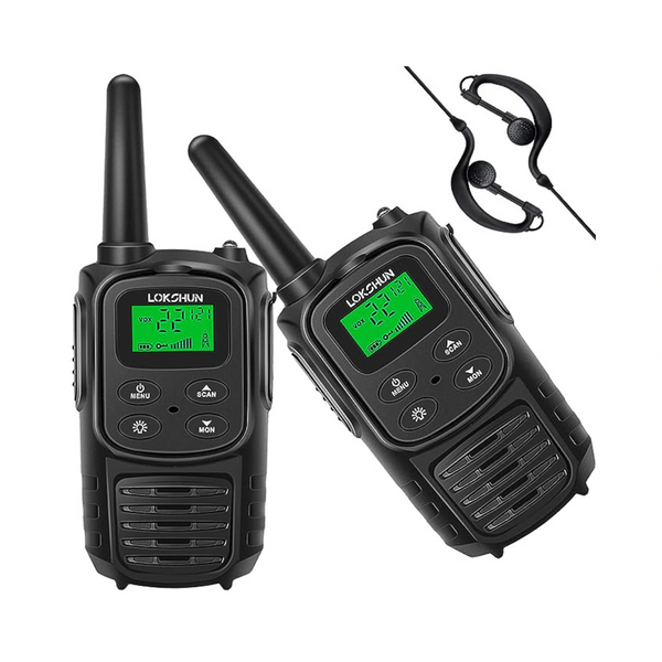 Paquete de 2 walkie talkies con 22 canales FRS y auriculares