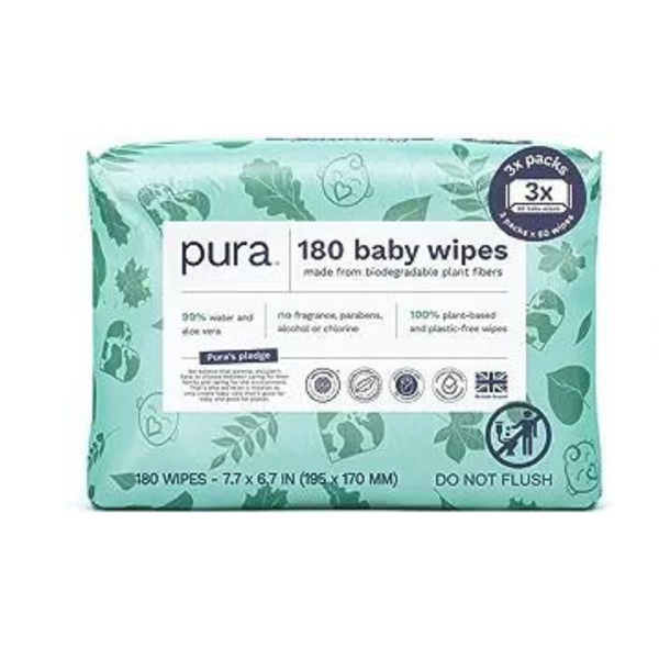 3 Packs of 60-Ct Pura Baby 100% Plant Based Wipes