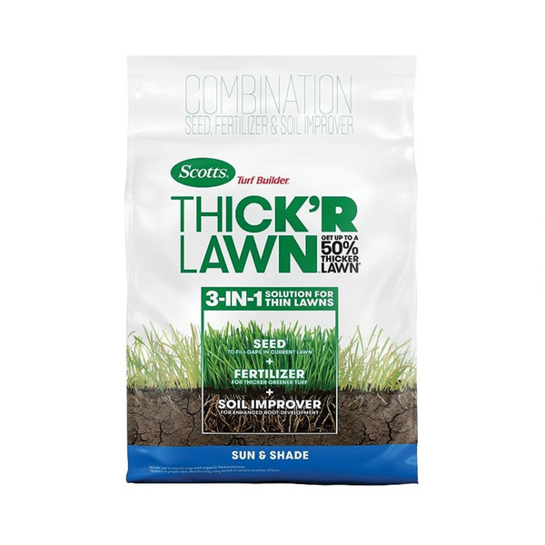 Scotts Turf Builder Solución 3 en 1 para mejorar el suelo, fertilizante y semillas de césped THICK'R LAWN de 12 libras