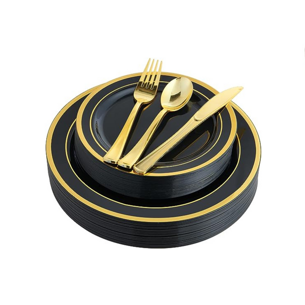 125 Count Gold Plastic Dinnerware Set