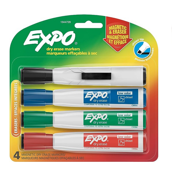 4 Count of Assorted Expo Magnetic Dry Erase Markers with Chisel Tip