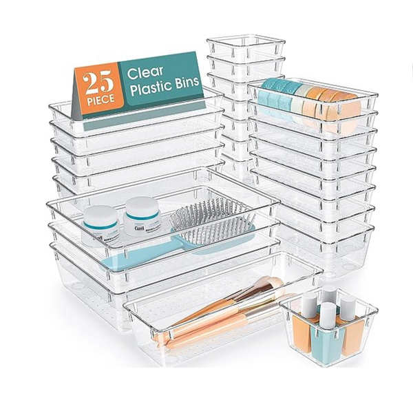 25-Pc Clear Plastic Drawer Organizer Set