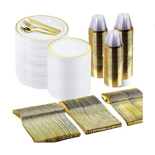 Goodluck 600 Pcs Gold Plastic Disposable Dinnerware Set (Service for 100)