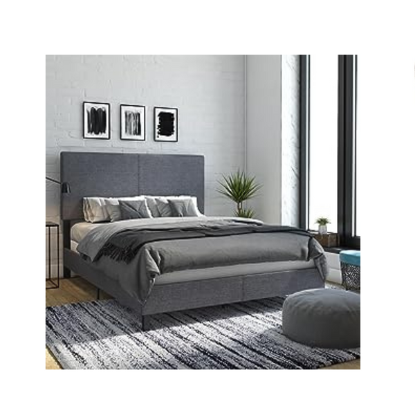 Cama con plataforma tapizada Queen de lino gris con costuras verticales modernas