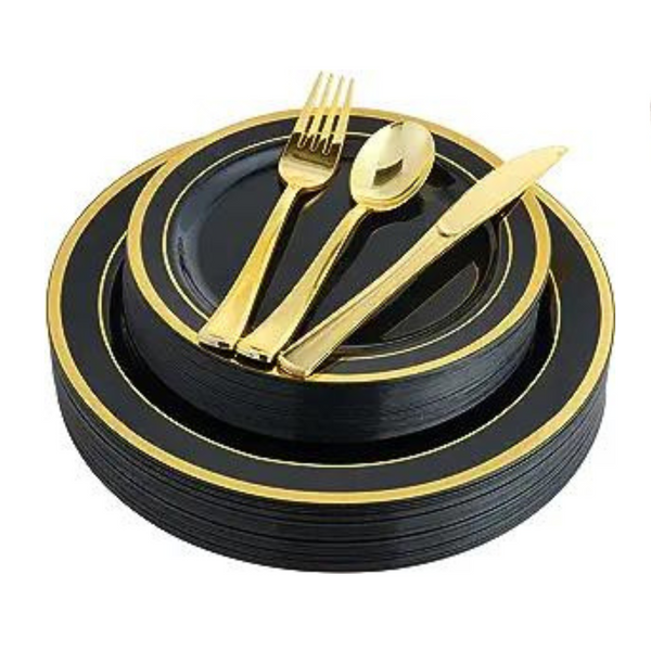 Jolly Chef 125 Pcs Black & Gold Plastic Disposable Dinnerware Set (Service for 25)