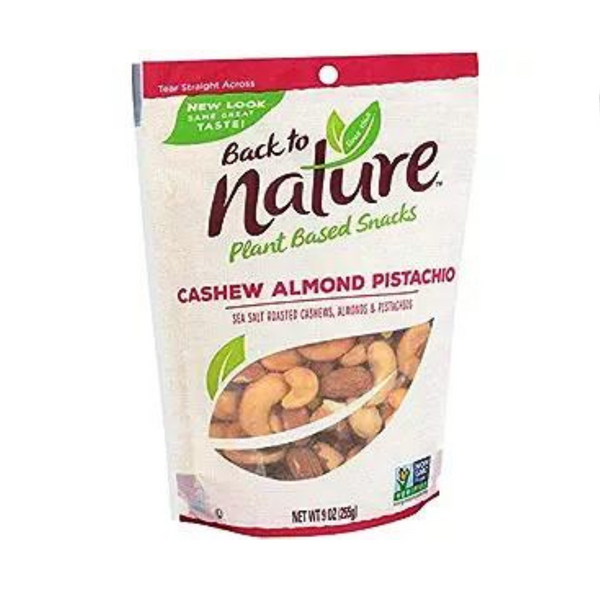 Back To Nature Mezcla de pistacho, almendra y anacardo, mezcla de frutos secos de 9 oz