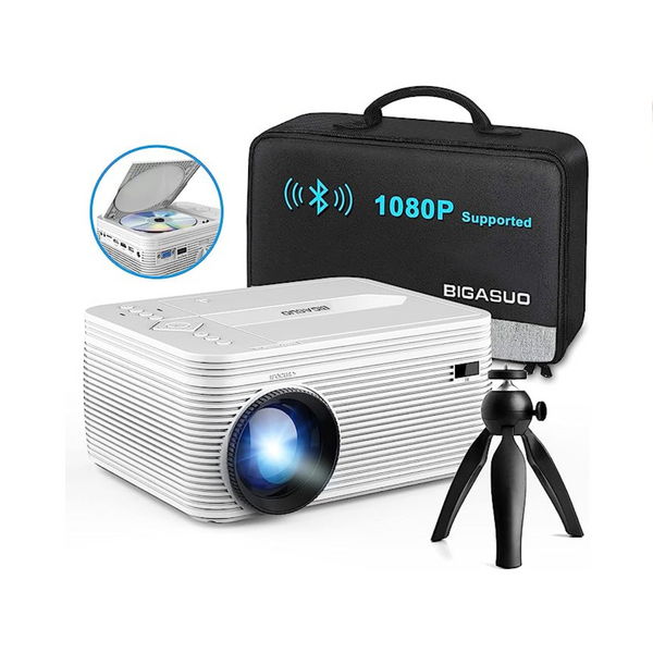 Proyector Bluetooth BIGASUO HD 9000L con reproductor de DVD incorporado, trípode y bolsa de transporte