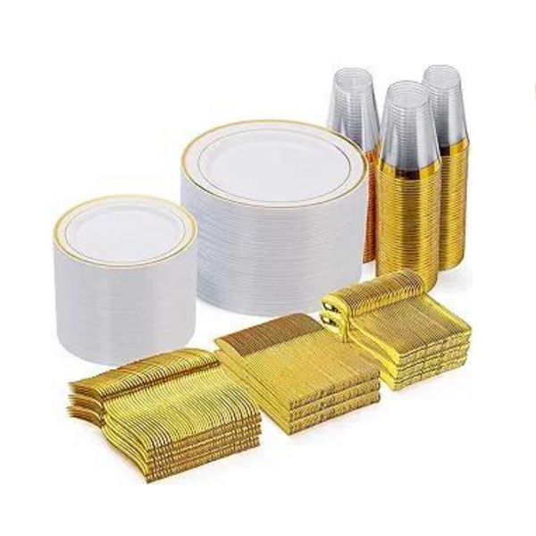 Goodluck 600 Pcs Gold Plastic Disposable Dinnerware Set (Service for 100)