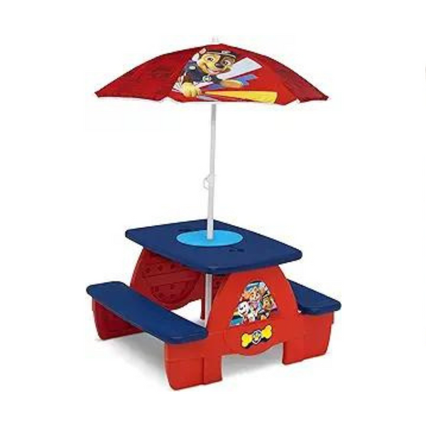 Mesa de picnic de actividades de 4 asientos para niños Delta con paraguas y tablero compatible con Lego