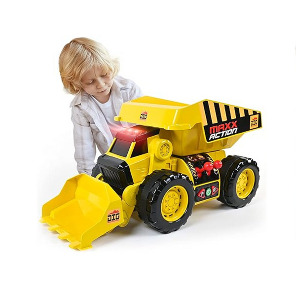 Sunny Days Entertainment 2-N-1 Dig Rig – Dump Truck and Front End Loader with Lights, Sounds