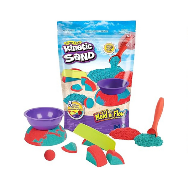 Kinetic Sand Mold n' Flow, arena de juego roja y verde azulado de 1.5 libras, 3 herramientas de juguetes sensoriales