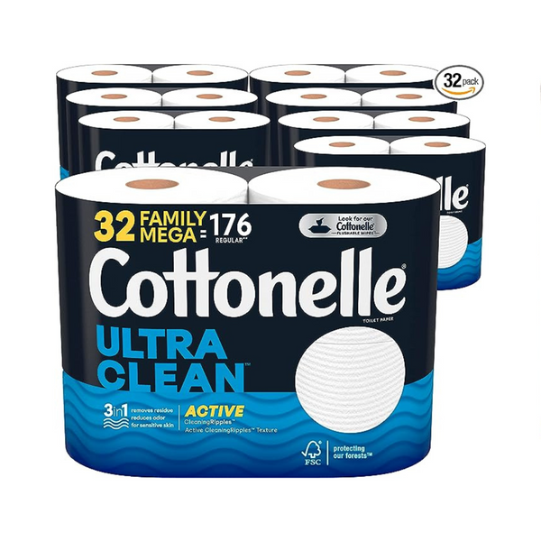 32 mega rollos familiares (= 176 rollos regulares) de papel higiénico Cottonelle Ultra Clean