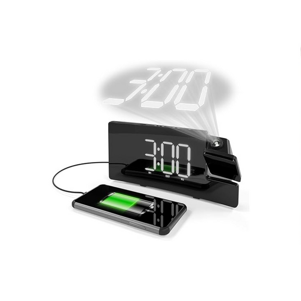 Projection Alarm Clock with USB Phone Charging, FM Radio, Battery Backup